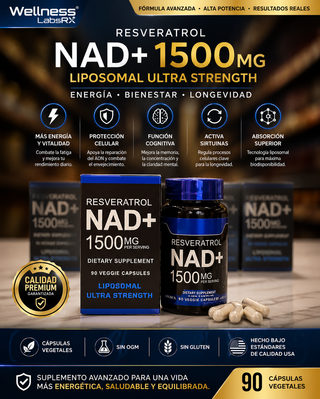 Suplemento liposomal NAD+ con resveratrol